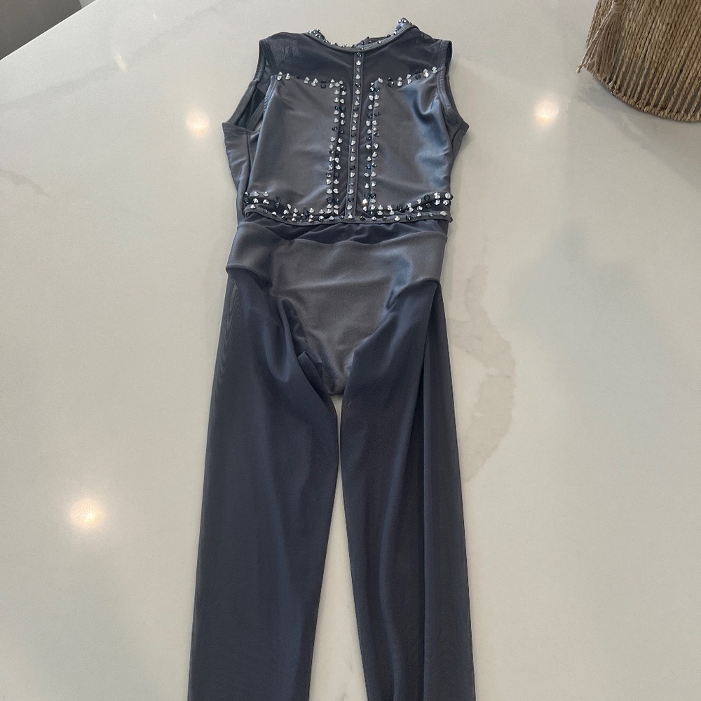 Dance Costume - CH MED - Grey pants unitard with mesh legs/sleevless, stoned